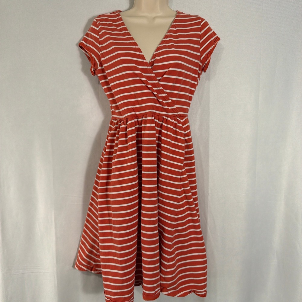Pact Dress Fit & Flare Organic Cotton Wrap V-Neck Striped Orange Women Size M